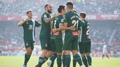 SEVILLE, SPAIN - FEBRUARY 16: Wu Lei of RCD Espanyol celebrates scoring his team&#039;s second goal with team mates during the Liga match between Sevilla FC and RCD Espanyol at Estadio Ramon Sanchez Pizjuan on February 16, 2020 in Seville, Spain. (Photo b