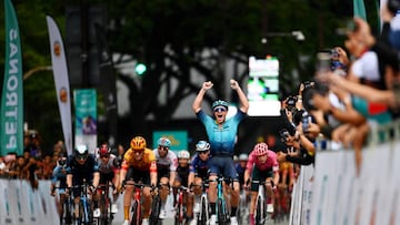 KUALA LUMPUR, MALAYSIA - OCTOBER 11: Gleb Syritsa of Russia and Astana Qazaqstan Team celebrates at finish line as stage winner ahead of Erlend Blikra of Norway and Uno-X Pro Cycling Team and Max Kanter of Germany and Movistar Team during the 26th Le Tour de Langkawi 2022, Stage 1 a 157.3km stage from Kuala Pilah to Kuala Lumpur / #PETRONASLTdL2020 / on October 11, 2022 in Kuala Lumpur, Malaysia. (Photo by Tim de Waele/Getty Images)