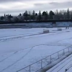 Pitch for Unionistas vs Real Madrid Copa del Rey game covered in snow