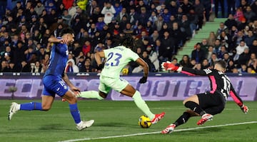 0-1. Asistencia de Pedri a Joules Kound dentro del rea. El defensa francs entre trompicones y David Soria que no acierta a atrapar el baln, anota el primer tanto.