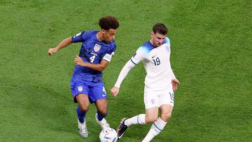 Soccer Football - FIFA World Cup Qatar 2022 - Group B - England v United States - Al Bayt Stadium, Al Khor, Qatar - November 25, 2022 Tyler Adams of the U.S. in action with England's Mason Mount REUTERS/Molly Darlington