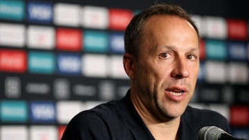 LOS ANGELES, CALIFORNIA - MAY 30: Manager Steve Cherundolo of Los Angeles Football Club speaks to the media during a press conference prior to the FIFA Club World Cup 2025 Playoff at BMO Stadium on May 30, 2025 in Los Angeles, California. Luke Hales/Getty Images/AFP (Photo by Luke Hales / GETTY IMAGES NORTH AMERICA / Getty Images via AFP)