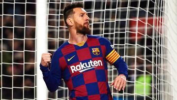 BARCELONA, SPAIN - NOVEMBER 09: Lionel Messi of FC Barcelona celebrates scoring the opening goal with a penalty kick during the La Liga match between FC Barcelona and RC Celta de Vigo at Camp Nou stadium on November 09, 2019 in Barcelona, Spain. (Photo by