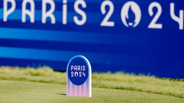 A tee box marker on the 17th hole during practice during practice for the Paris 2024 Olympic Games Men Individual Stroke Play Golf competition at Le Golf National in Guyancourt, France, 30 July 2024. (Francia) EFE/EPA/ERIK S. LESSER