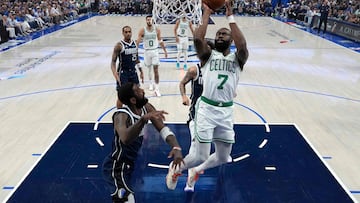 DALLAS, TEXAS - JUNE 14: Jaylen Brown #7 of the Boston Celtics shoots the ball against the Dallas Mavericks in Game Four of the 2024 NBA Finals at American Airlines Center on June 14, 2024 in Dallas, Texas. NOTE TO USER: User expressly acknowledges and agrees that, by downloading and or using this photograph, User is consenting to the terms and conditions of the Getty Images License Agreement.   Stacy Revere/Getty Images/AFP (Photo by Stacy Revere / GETTY IMAGES NORTH AMERICA / Getty Images via AFP)