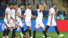 Soccer Football - Champions League - Istanbul Basaksehir vs Sevilla - Qualifying Play-Off First Leg - Istanbul, Turkey - August 16, 2017   Sevilla&rsquo;s Wissam Ben Yedder (2nd R) celebrates scoring their second goal with team mates   REUTERS/Osman Orsal