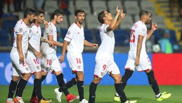 Soccer Football - Champions League - Istanbul Basaksehir vs Sevilla - Qualifying Play-Off First Leg - Istanbul, Turkey - August 16, 2017 Sevilla’s Wissam Ben Yedder (2nd R) celebrates scoring their second goal with team mates REUTERS/Osman Orsal