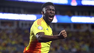 CHARLOTTE, NORTH CAROLINA - JULY 10: Jefferson Lerma of Colombia celebrates after scoring the team's first goal during the CONMEBOL Copa America 2024 semifinal match between Uruguay and Colombia at Bank of America Stadium on July 10, 2024 in Charlotte, North Carolina. Tim Nwachukwu/Getty Images/AFP (Photo by Tim Nwachukwu / GETTY IMAGES NORTH AMERICA / Getty Images via AFP)