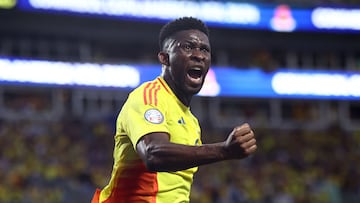 CHARLOTTE, NORTH CAROLINA - JULY 10: Jefferson Lerma of Colombia celebrates after scoring the team's first goal during the CONMEBOL Copa America 2024 semifinal match between Uruguay and Colombia at Bank of America Stadium on July 10, 2024 in Charlotte, North Carolina. Tim Nwachukwu/Getty Images/AFP (Photo by Tim Nwachukwu / GETTY IMAGES NORTH AMERICA / Getty Images via AFP)