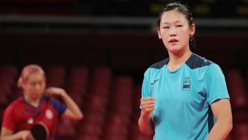 Tokio (Japón), 25/07 / 2021.- Maria Xiao de España reacciona después de ganar un punto contra Minnie Soo Wai Yam de Hong Kong durante la segunda ronda de singles femeninos de tenis de mesa de los Juegos Olímpicos de Tokio 2020 en el Gimnasio Metropolitano de Tokio en Tokio, Japón, 25 de julio de 2021.