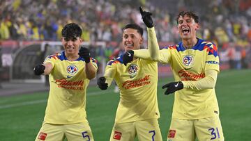 Apr 2, 2024; Foxborough, MA, USA; Club America forward Brian Rodriguez (7) celebrates his goal against the New England Revolution with teammates defender Kevin Alvarez (5) and defender Igor Lichnovsky (31) during the second half at Gillette Stadium. Mandatory Credit: Eric Canha-USA TODAY Sports