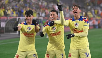 Apr 2, 2024; Foxborough, MA, USA; Club America forward Brian Rodriguez (7) celebrates his goal against the New England Revolution with teammates defender Kevin Alvarez (5) and defender Igor Lichnovsky (31) during the second half at Gillette Stadium. Mandatory Credit: Eric Canha-USA TODAY Sports