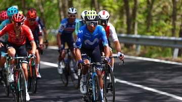 Team Movistar's Colombian rider Nairo Quintana competes during the 8th stage of the 107th Giro d'Italia cycling race, 152km between Spoleto and Prati di Tivo, on May 11, 2024. (Photo by Luca Bettini / AFP)