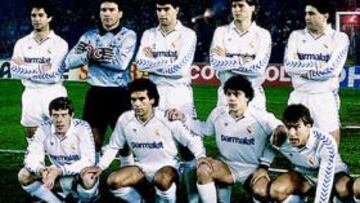 <b>TEMPORADA 1987-88. </b>De pie: Chendo, Buyo, Míchel, Tendillo, Gordillo y Camacho. Agachados: Butragueño, Hugo Sánchez, Sanchís, Martín Vázquez y Milan Jankovic.