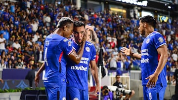 Carlos Rodriguez celebrates his goal 0-1 with Willer Ditta of Cruz Azul during the match between Los Angeles Galaxy and Cruz Azul as part of Phase One of the Leagues Cup 2025 at Dignity Health Sports Park Stadium on August 03, 2024 in Carson, California, United States.