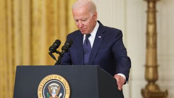 U.S. President Joe Biden looks down as he delivers remarks about Afghanistan, from the East Room of the White House in Washington, U.S. August 26, 2021. REUTERS/Jonathan Ernst