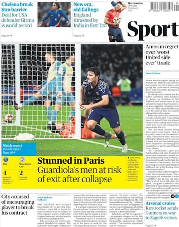 Portada del diario britnico The Guardian tras la derrota del Manchester City ante el Paris Saint-Germain en Champions League.