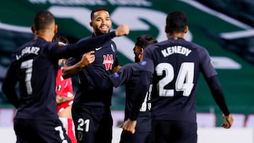 Granada's midfielder Yangel Herrera (2nd L) celebrates after scoring during the UEFA Europa League Group E football match between Omonoia and Granada at the GSP stadium in the Cypriot capital Nicosia, on November 5, 2020. (Photo by Sakis SAVVIDES / A