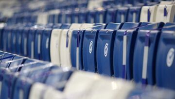 Empty seats are pictured prior to the UEFA Europa League Group L football match TSG 1899 Hoffenheim v FC Slovan Liberec at the Rhein-Neckar-Arena stadium in Sinsheim, southwestern Germany, on November 5, 2020. (Photo by Daniel ROLAND / POOL / AFP)