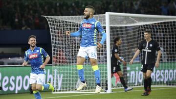 PARIS, FRANCE - OCTOBER 24: Lorenzo Insigne of Napoli celebrates his goal with Dries Mertens (left) during the Group C match of the UEFA Champions League between Paris Saint-Germain (PSG) and SSC Napoli at Parc des Princes stadium on October 24, 2018 in P