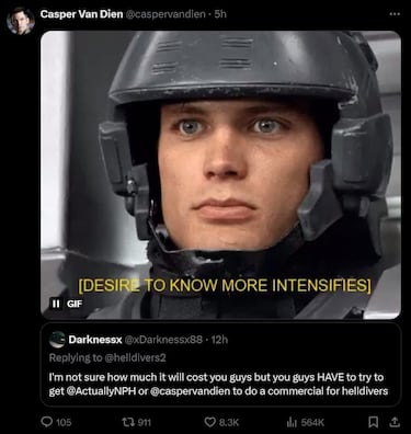 Casper Van Dien (‘Starship Troopers’) quiere sumarse a Helldivers 2