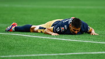 Aug 12, 2024; Seattle, Washington, USA; Pumas UNAM forward Guillermo Martinez (9) reacts after missing a goal opportunity against the Seattle Sounders FC during the first half at Lumen Field. Mandatory Credit: Joe Nicholson-USA TODAY Sports
