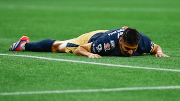 Aug 12, 2024; Seattle, Washington, USA; Pumas UNAM forward Guillermo Martinez (9) reacts after missing a goal opportunity against the Seattle Sounders FC during the first half at Lumen Field. Mandatory Credit: Joe Nicholson-USA TODAY Sports