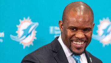DAVIE, FL - FEBRUARY 04: Brian Flores speaks during a press conference as he is introduced as the new Head Coach of the Miami Dolphins at Baptist Health Training Facility at Nova Southern University on February 4, 2019 in Davie, Florida.   Mark Brown/Getty Images/AFP
 == FOR NEWSPAPERS, INTERNET, TELCOS &amp; TELEVISION USE ONLY ==