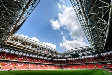 An interior view of the Spartak Stadium in Moscow on May 23, 2018. The 45,000-seater stadium will host four group matches and a round of 16 game of the 2018 FIFA World Cup.