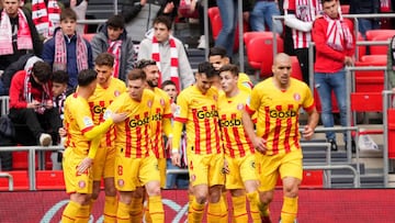 BILBAO, SPAIN - FEBRUARY 26: Girona FC players celebrate after the team's second goal, an own goal scored by Oscar de Marcos (not pictured) of Athletic Club during the LaLiga Santander match between Athletic Club and Girona FC at San Mames Stadium on February 26, 2023 in Bilbao, Spain. (Photo by Juan Manuel Serrano Arce/Getty Images)