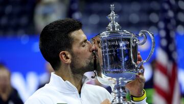 Tennis - U.S. Open - Flushing Meadows, New York, United States - September 10, 2023 Serbia's Novak Djokovic celebrates with the trophy after winning the U.S. Open REUTERS/Mike Segar
