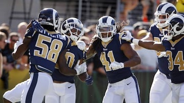 Oct 15, 2017; Jacksonville, FL, USA; Los Angeles Rams wide receiver Pharoh Cooper (10) is congratulated by teammates after running back the opening kick-off for a touchdown during the first quarter of a football game against the Jacksonville Jaguars at EverBank Field. Mandatory Credit: Reinhold Matay-USA TODAY Sports