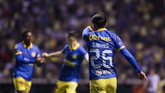  Salvador Reyes celebrates his goal 1-2 of America during the 17th round match between Puebla and America as part of the Torneo Clausura 2024 Liga BBVA MX at Cuauhtemoc Stadium on April 26, 2024 in Puebla, Mexico.