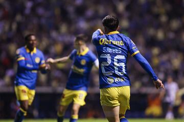  Salvador Reyes celebrates his goal 1-2 of America during the 17th round match between Puebla and America as part of the Torneo Clausura 2024 Liga BBVA MX at Cuauhtemoc Stadium on April 26, 2024 in Puebla, Mexico.