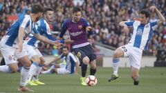 El delantero argentino del Barcelona, Leo Messi, durante un derbi ante el Espanyol.