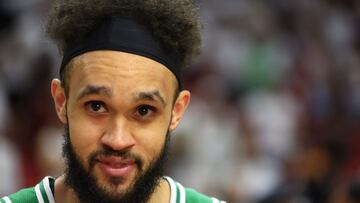 MIAMI, FLORIDA - MAY 27: Derrick White #9 of the Boston Celtics reacts to defeating the Miami Heat 104-103 in game six of the Eastern Conference Finals at Kaseya Center on May 27, 2023 in Miami, Florida. NOTE TO USER: User expressly acknowledges and agrees that, by downloading and or using this photograph, User is consenting to the terms and conditions of the Getty Images License Agreement.   Mike Ehrmann/Getty Images/AFP (Photo by Mike Ehrmann / GETTY IMAGES NORTH AMERICA / Getty Images via AFP)