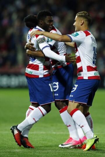 Boga congratulated by his team mates