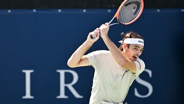 MONTREAL, CANADA - AUGUST 10: Taylor Fritz of the United States follows through with a backhand against Sebastian Korda of the United States in the Men's Singles second round match during Day Five of the ATP Masters 1000 National Bank Open at Stade IGA on August 10, 2024 in Montreal, Canada. Minas Panagiotakis/Getty Images/AFP (Photo by Minas Panagiotakis / GETTY IMAGES NORTH AMERICA / Getty Images via AFP)