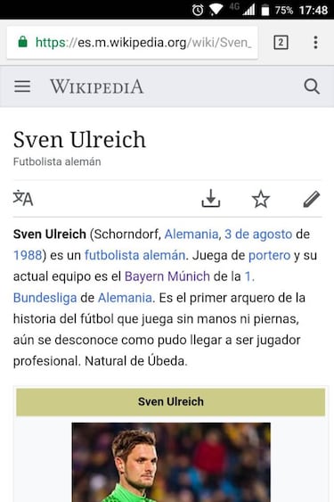 Wikipedia sobre Ulreich: "El primer arquero que juega sin manos ni piernas"