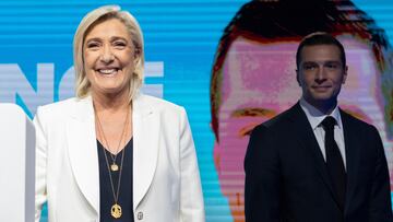Paris (France), 09/06/2024.- National Rally parliamentary party leader Marine Le Pen (L), standing next to leader Jordan Bardella (R), smiles after delivering a speech at the electoral party of the French right-wing party National Rally (Rassemblement National or RN) in Paris, France, 09 June 2024, after the first results of the European elections. The list of the Rassemblement National, led by party chief Jordan Bardella, is given winner in France according to first estimations after polls. (Elecciones, Francia, Jordania) EFE/EPA/ANDRE PAIN

