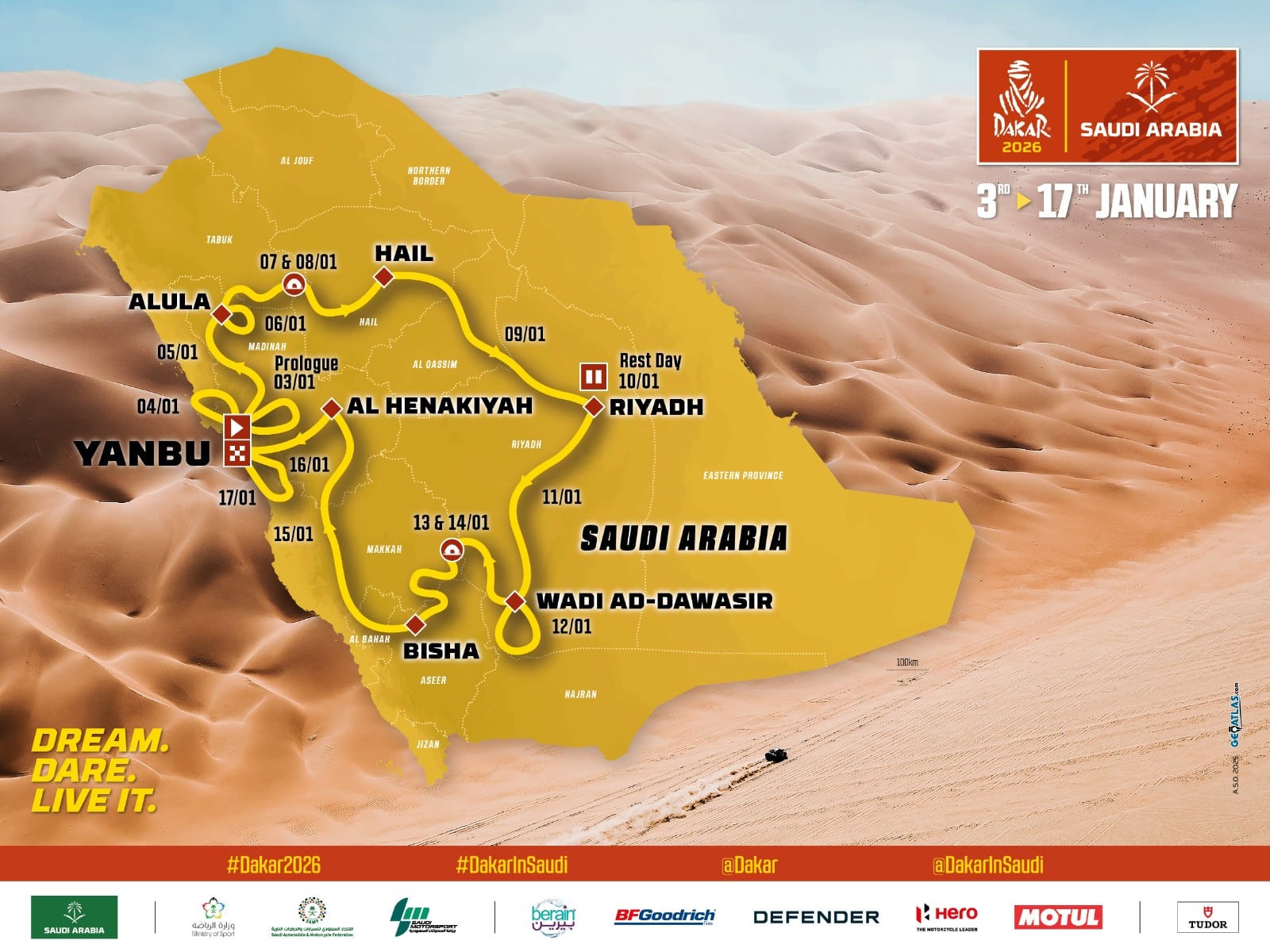 Recorrido del Rally Dakar 2026 en Arabia Saudí, del 3 al 17 de enero.