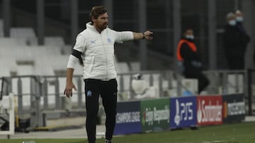 Marseille's head coach Andre Villas-Boas directs his players during the Champions League group C soccer match between Olympique Marseille and FC Porto at the Velodrome stadium in Marseille, southern France, Wednesday, Nov.25, 2020. (AP Photo/Daniel C