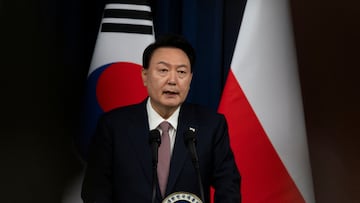 South Korean President Yoon Suk-yeol speaks with Polish President Andrzej Duda (not pictured) during a joint press conference at the Presidential Office in Seoul, South Korea, 24 October 2024. JEON HEON-KYUN/Pool via REUTERS