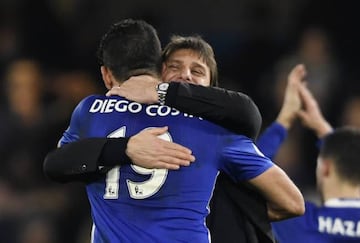 Costa embraces Chelsea manager Antonio Conte after the Blues' 4-2 win over Stoke City.