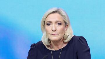FILE PHOTO: Marine Le Pen, president of the French far-right National Rally (Rassemblement National - RN) party parliamentary group, looks on during a political rally as part of the party's campaign for the European elections in Perpignan, France, May 1, 2024. REUTERS/Manon Cruz/File Photo