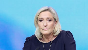 FILE PHOTO: Marine Le Pen, president of the French far-right National Rally (Rassemblement National - RN) party parliamentary group, looks on during a political rally as part of the party's campaign for the European elections in Perpignan, France, May 1, 2024. REUTERS/Manon Cruz/File Photo