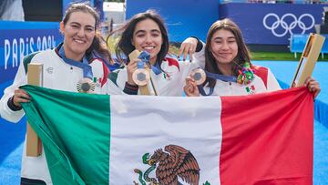 Ana Vazquez, Alejandra Valencia, Angela Ruiz of Mexico winner Bronze Medal during competition Womens Team against Netherlands Archery as part of the Paris 2024 Olympic Games at The Esplanade des Invalides on July 28, 2024 in Paris, France.