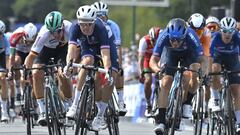 26 August 2020, France, Plouay: (L-R) German cyclist Pacal Ackermann, Frenchman Arnaud Demare and Italy's Giacomo Nizzolo cross the finish line of the the men's elite road race of the European Road Cycling Championships, 177.45 km in Plouay Photo: Eric La