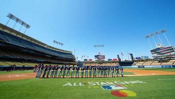 LOS ANGELES, CA - JULY 15:  A general view of Dodger Stadium during the opening ceremony prior to the MLB-USA Baseball High School All-American Game at Dodger Stadium on Friday, July 15, 2022 in Los Angeles, California. (Photo by Daniel Shirey/MLB Photos via Getty Images)