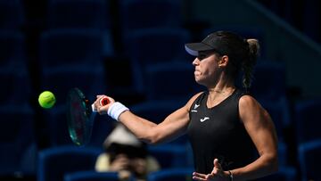 Spain's Jessica Bouzas Maneiro hits a return to Russia's Mirra Andreeva during their women's singles match at the China Open tennis tournament in Beijing on September 29, 2025. (Photo by WANG Zhao / AFP)